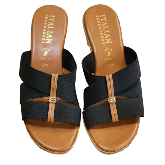 Italian Shoemakers Shoes - Italian Shoemakers Black Stretch Strap w/ Brown Accent Wedge Sandal Size 11 NWOT